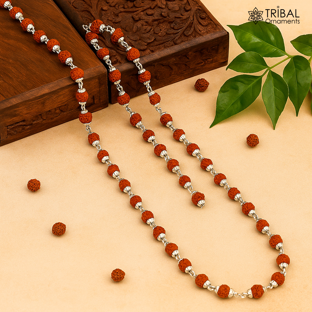 Handmade silver caps natural rudraksha bead chain necklace fabulous unisex silver jewelry awesome design ch001