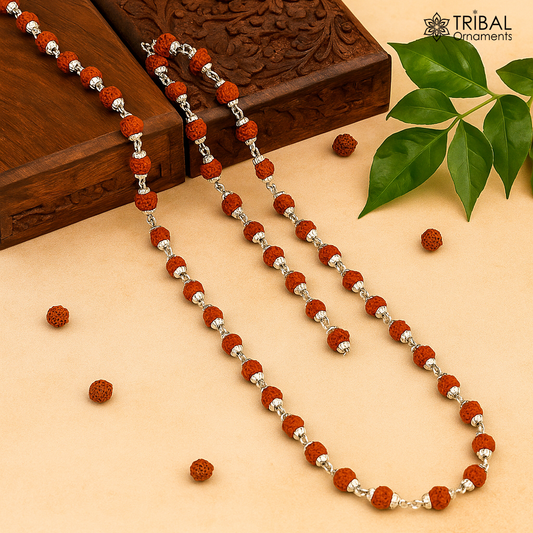 Handmade silver caps natural rudraksha bead chain necklace fabulous unisex silver jewelry awesome design ch001