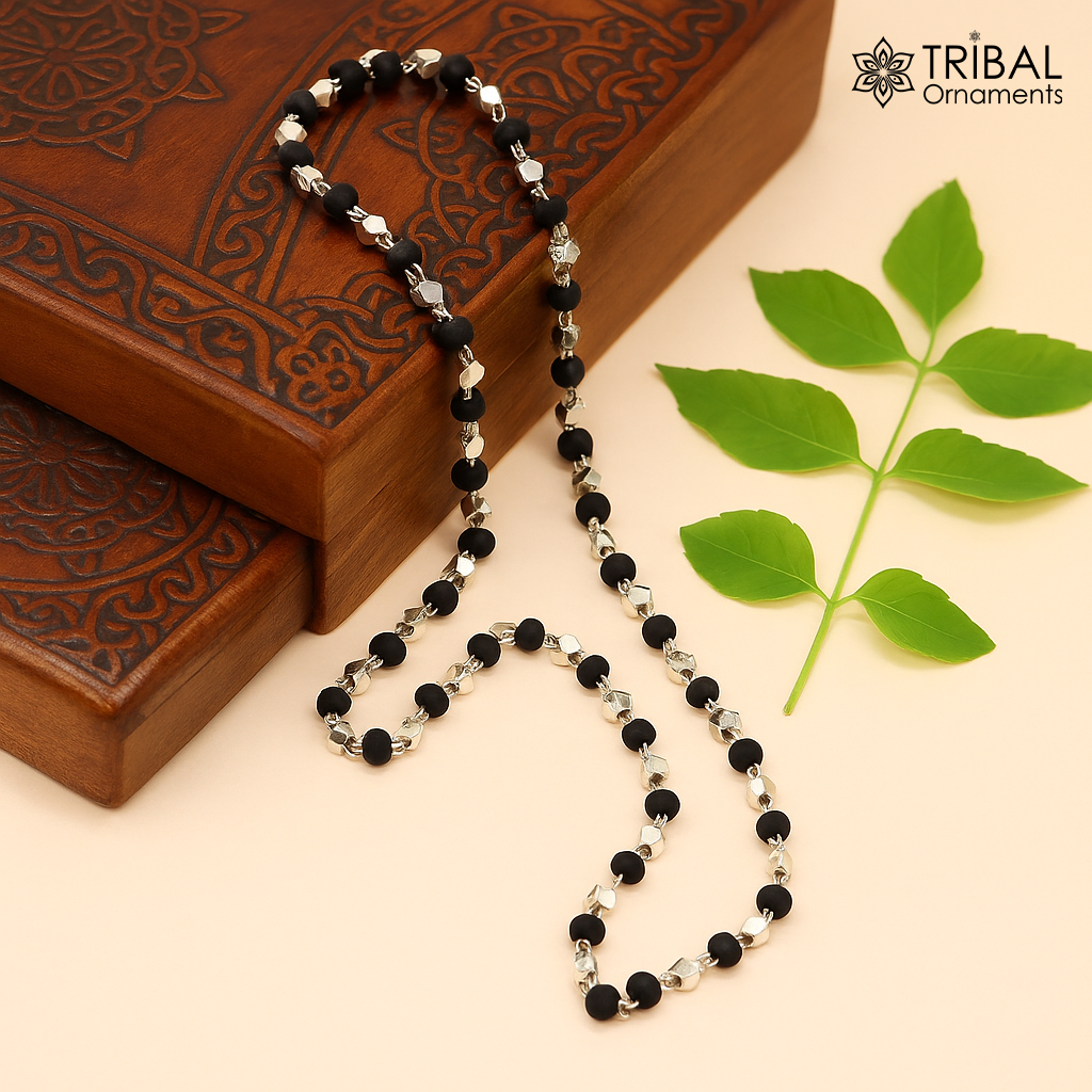 925 Silver handcrafted Black Basil rosary beads with silver beads necklace chain tulsi mala use in Ayurveda feel protected and focused ch102