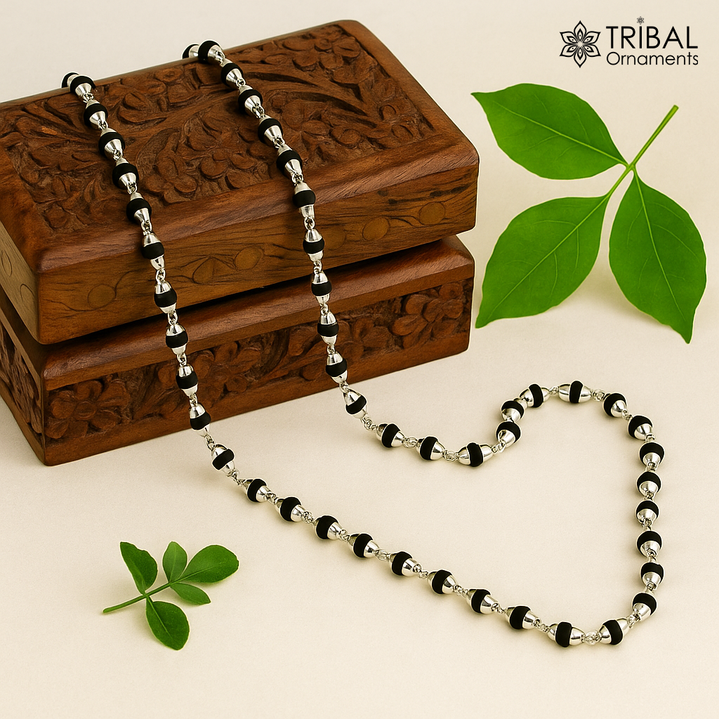 925 sterling silver black basil rosary wooden beads 4mm solid chain necklace, excellent 24" unisex stylish necklace from india ch103