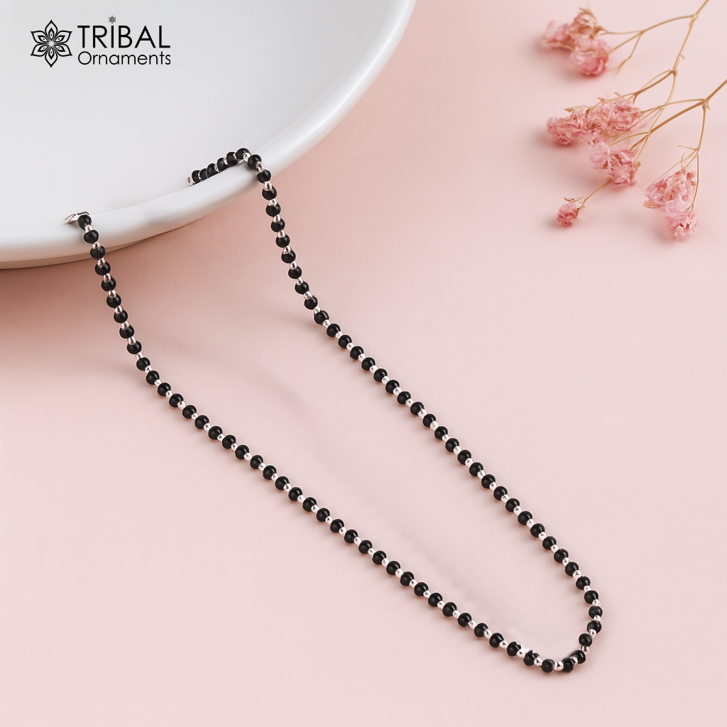 925 sterling silver 2.2mm black beads chain, vintage Cultural fancy necklace, traditional style brides Mangalsutra chain India ch554