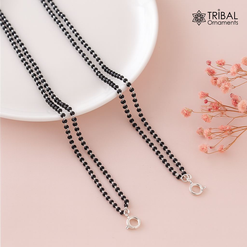925 sterling silver 2.2mm black beads 2 line chain, vintage Cultural fancy necklace, traditional style brides Mangalsutra chain India ch555