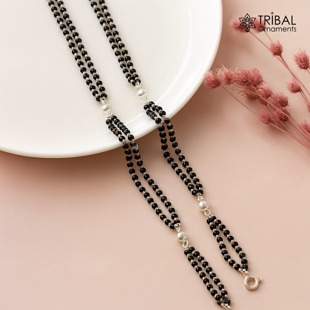 925 sterling silver 2.2mm black beads 2 line chain, vintage Cultural fancy necklace, traditional style brides Mangalsutra chain India ch571