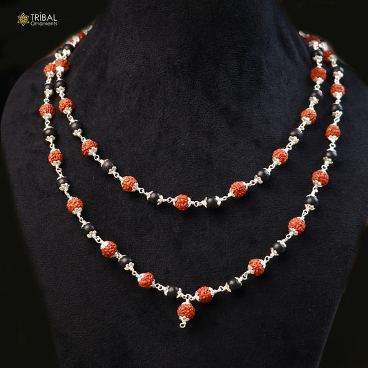 Silver Navkar Jaap Mala with 54 or 108 Karungali and Rudraksha beads, 925 solid silver chanting necklace.