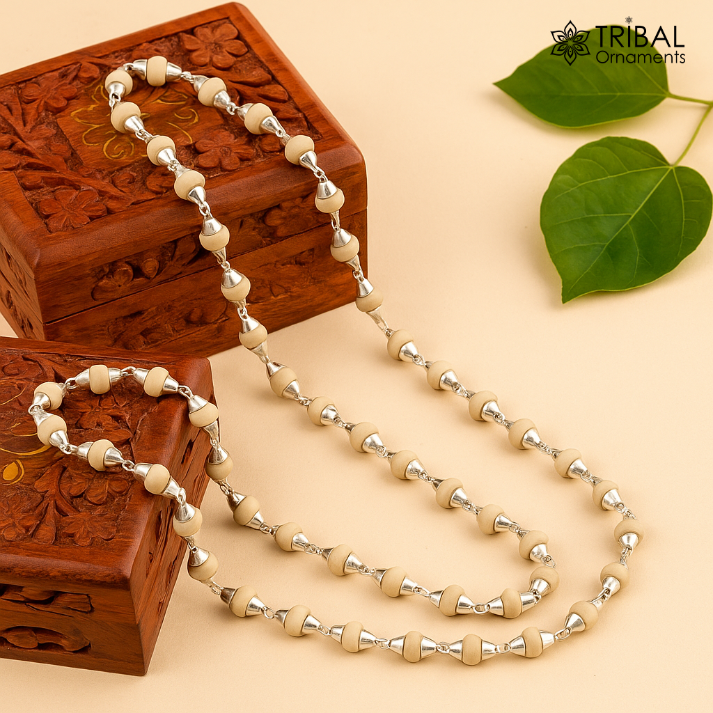 24" Sterling silver handmade wooden beads basil rosary 54 beads silver chain necklace unisex jewelry , tulsi mala customized necklace ch80