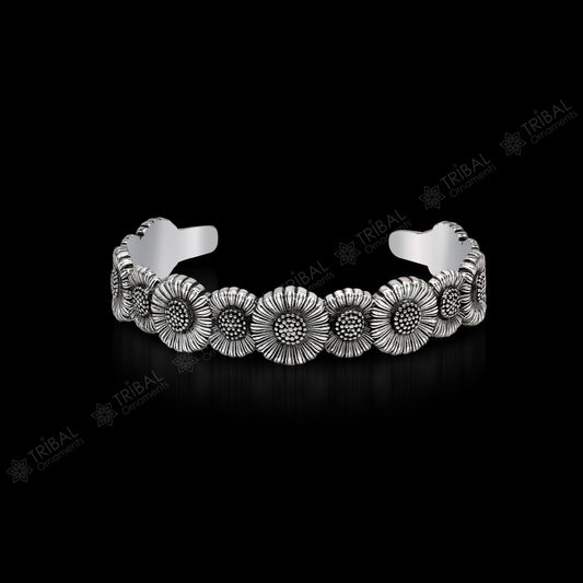 925 sterling silver handmade unique floral design adjustable cuff bangle bracelet, cuff kada unsex gifting jewelry solid silver kada cuff148 - TRIBAL ORNAMENTS