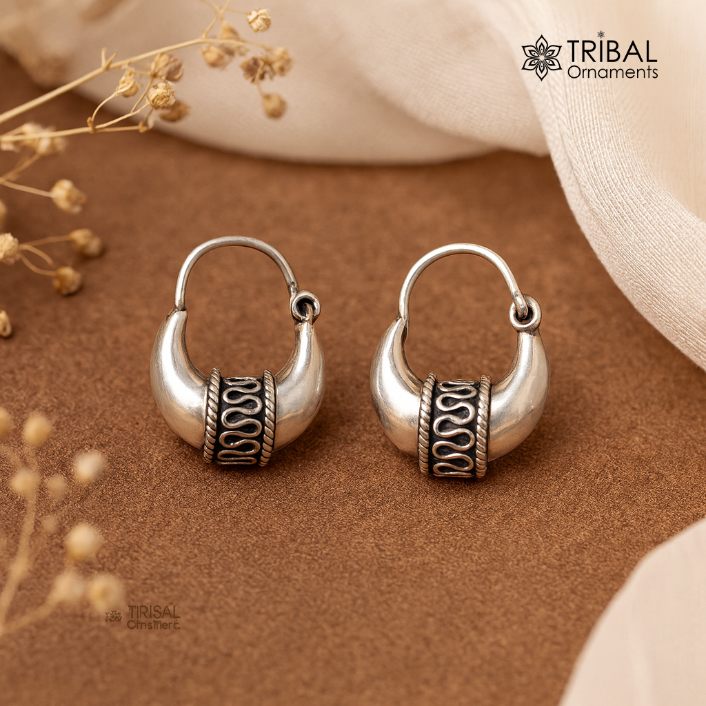 925 sterling silver Handmade vintage ethnic style hoops earrings Kundal unisex tribal stylish unique Bali jewelry from India ear1214