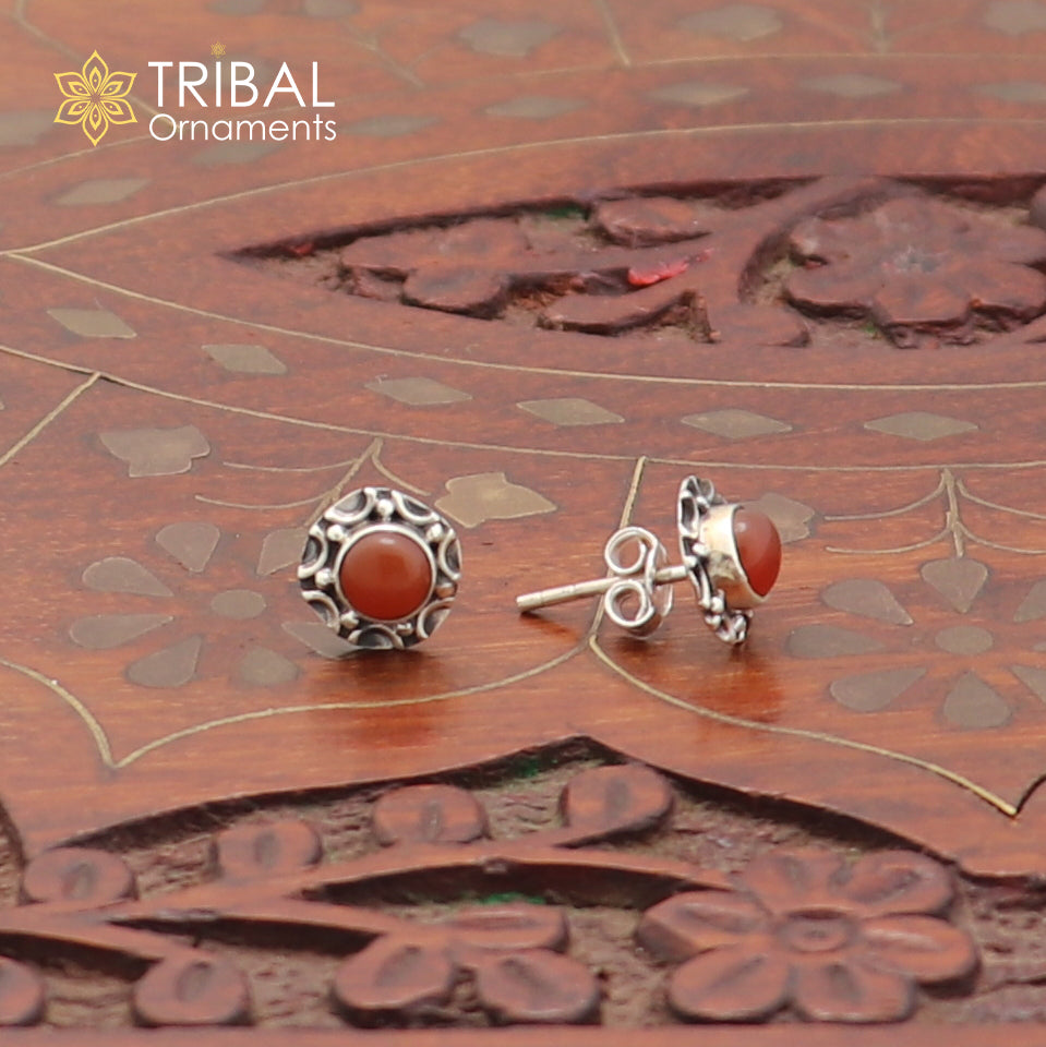 925 sterling silver round shape Carnelian stone stud earring best unisex jewelry ER286