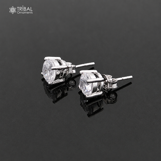 Sterling silver round white diamond stud earring by TRIBAL ORNAMENTS, unisex jewelry with a sparkling gemstone centerpiece.