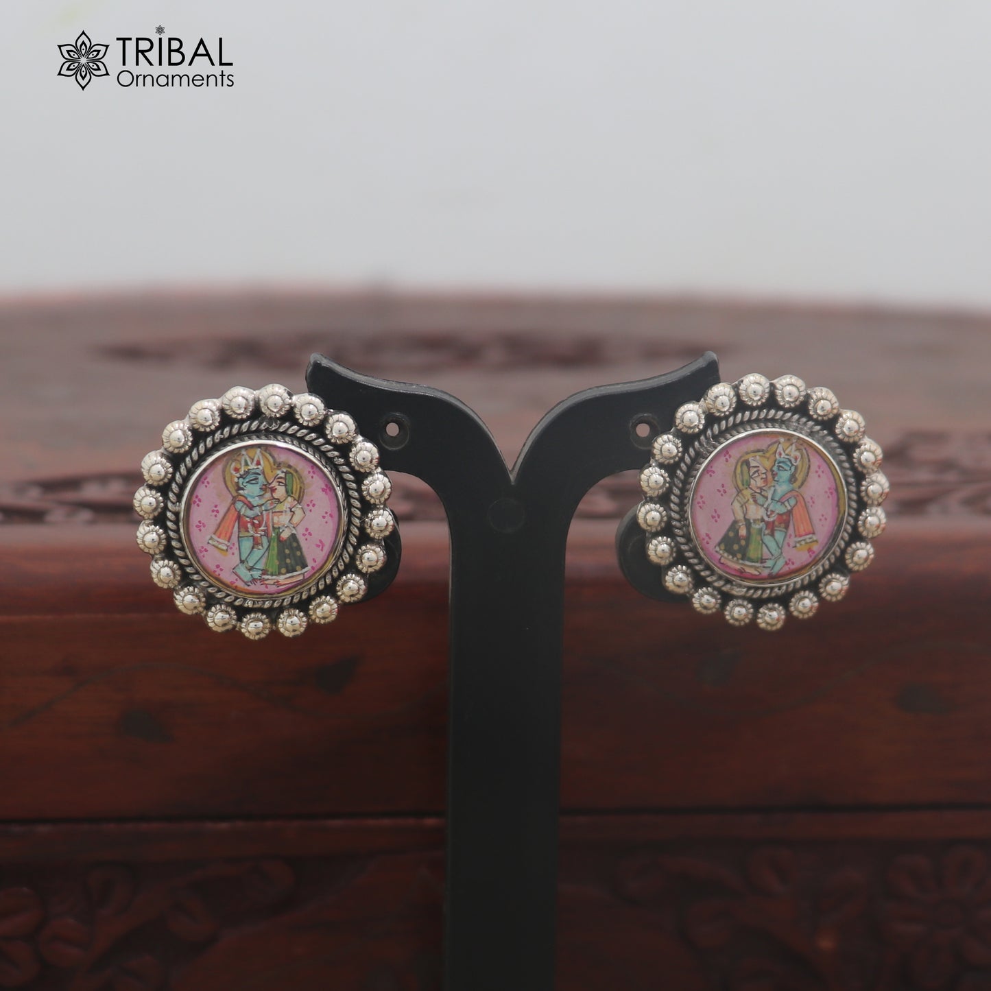 925 sterling silver Radha krishna design miniature art Painting stud earring er338