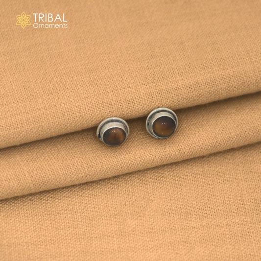 925 sterling silver round shape brown stone stud earring best unisex jewelry er382