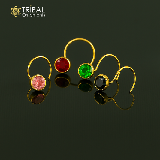 18kt yellow gold handmade CZ stone color nose pin with U band, gorgeous color stone 4 mm tiny nose pin, nose plug, best gift for girls gnp35
