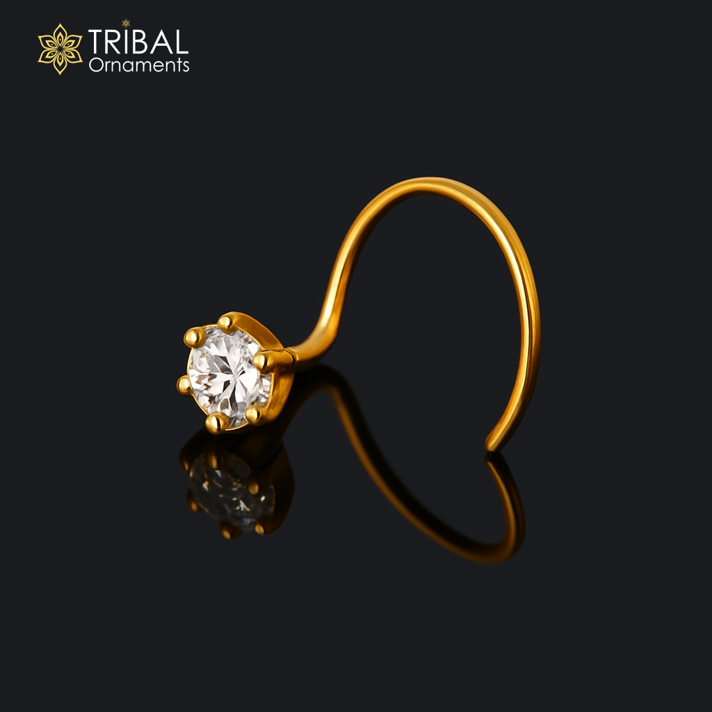 3.5mm 18 kt yellow gold fabulous nose pin, excellent single cz stone nose pin, stunning design gifting gold jewelry for girl's women's gnp39