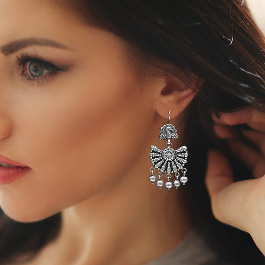 925 sterling silver handmade fabulous peacock design hoops earrings with hanging drops tribal ethnic brides jewelry belly dance india s1160 - TRIBAL ORNAMENTS