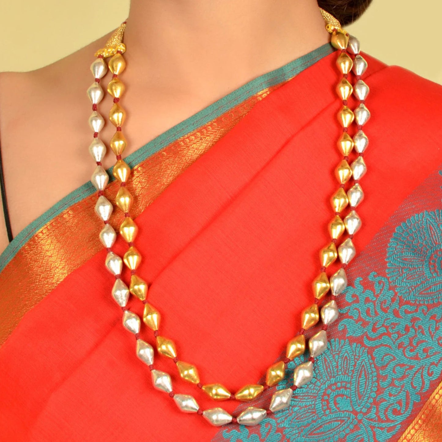 925 sterling silver Gold polished dholki beaded necklace, two strands Dholki mala tribal ethnic jewelry set721