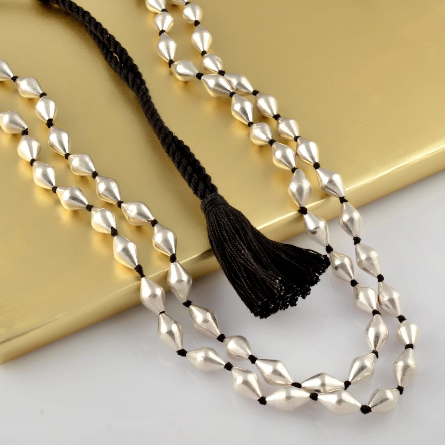 925 sterling silver dholki beaded necklace, two strands mala tribal jewelry set723