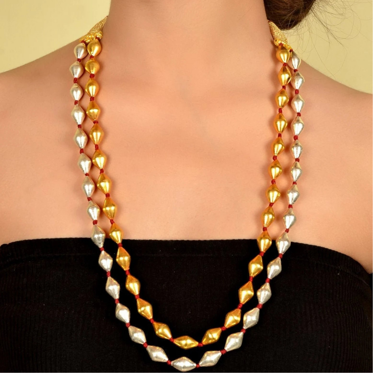 925 sterling silver Gold polished dholki beaded necklace, two strands Dholki mala tribal ethnic jewelry set721