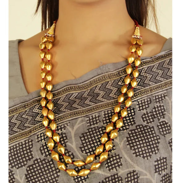 925 sterling silver Gold polished dholki beaded necklace, two strands mala tribal jewelry set720