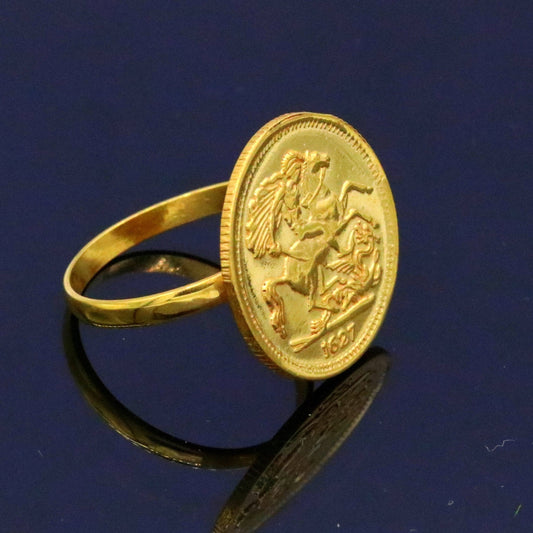 22kt yellow gold handmade ring coin ring with fabulous horse design victorian ring band unisex jewelry from rajasthan india - TRIBAL ORNAMENTS