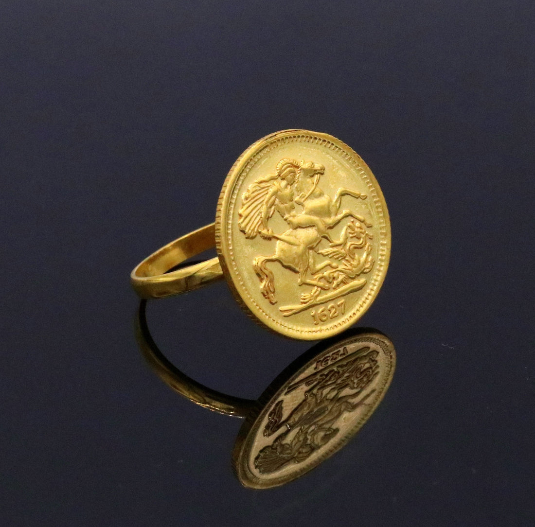 22kt yellow gold handmade ring coin ring with fabulous horse design victorian ring band unisex jewelry from rajasthan india - TRIBAL ORNAMENTS
