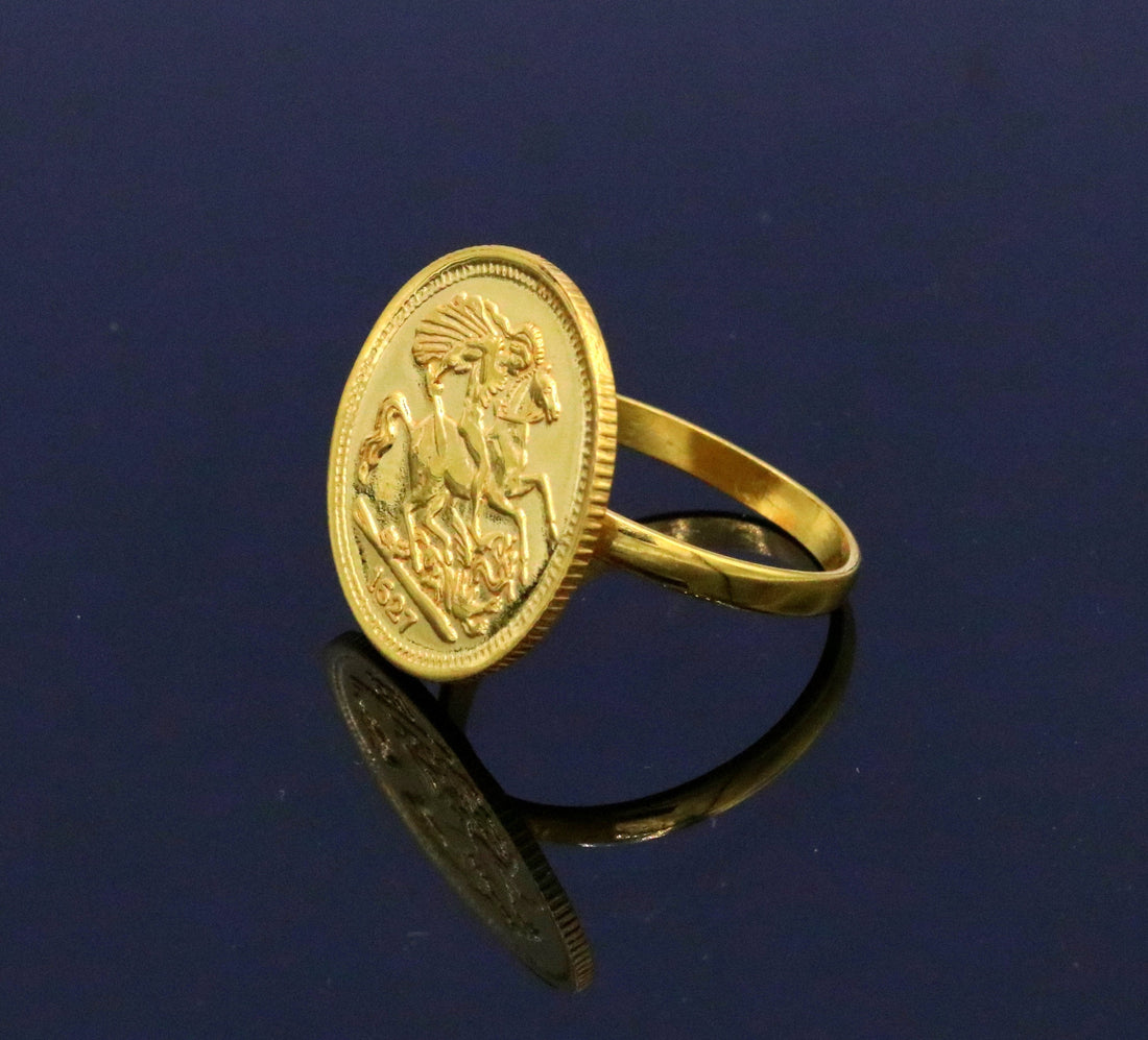 22kt yellow gold handmade ring coin ring with fabulous horse design victorian ring band unisex jewelry from rajasthan india - TRIBAL ORNAMENTS