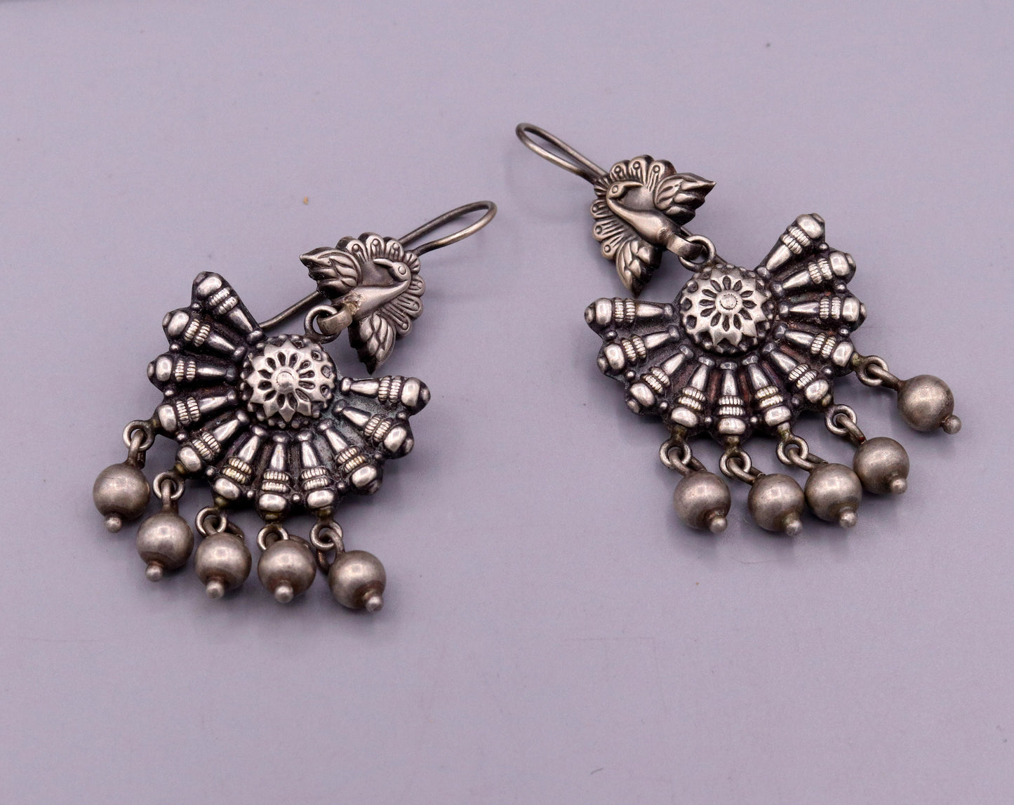 Vintage design 925 sterling silver handmade fabulous peacock hoops earrings with hanging bells tribal jewelry belly dance india s340 - TRIBAL ORNAMENTS