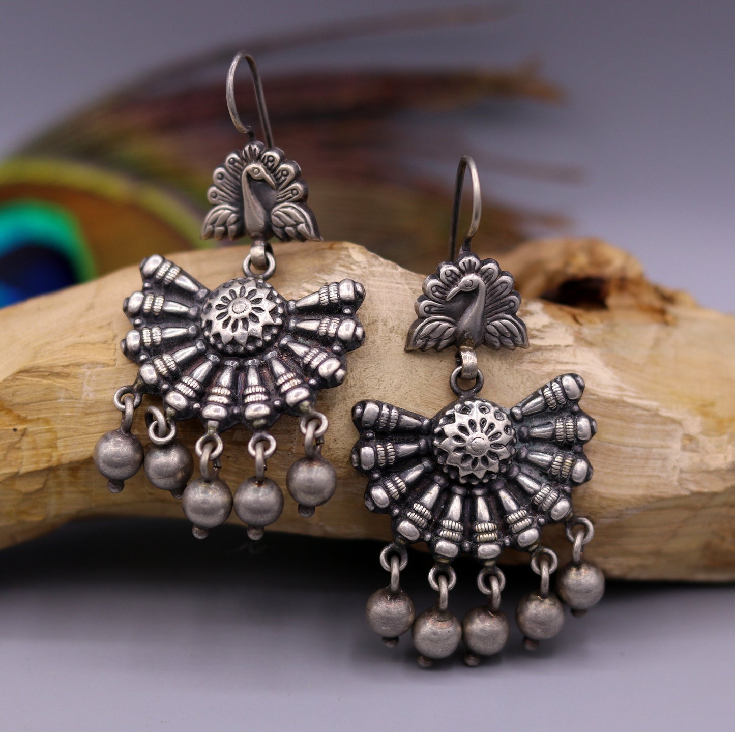 Vintage design 925 sterling silver handmade fabulous peacock hoops earrings with hanging bells tribal jewelry belly dance india s340 - TRIBAL ORNAMENTS