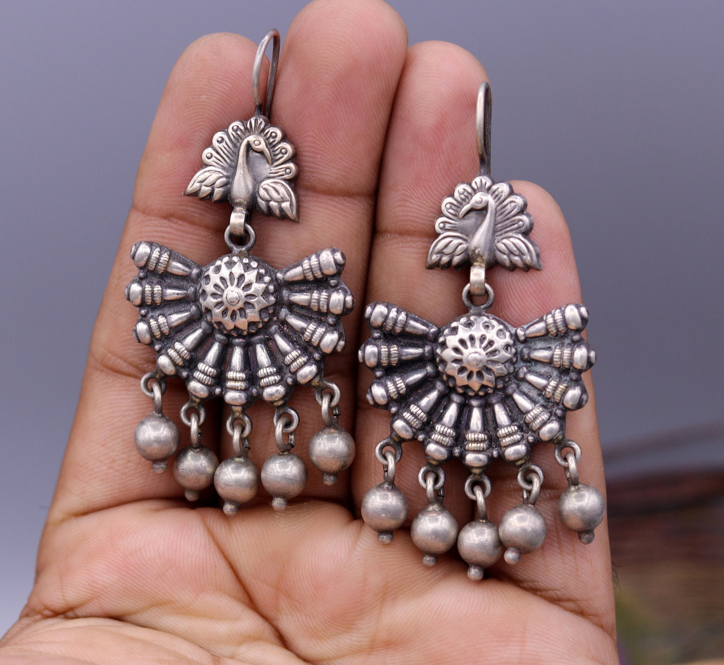 Vintage design 925 sterling silver handmade fabulous peacock hoops earrings with hanging bells tribal jewelry belly dance india s340 - TRIBAL ORNAMENTS