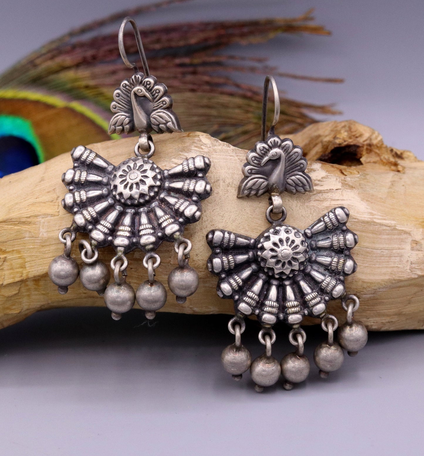 Vintage design 925 sterling silver handmade fabulous peacock hoops earrings with hanging bells tribal jewelry belly dance india s340 - TRIBAL ORNAMENTS