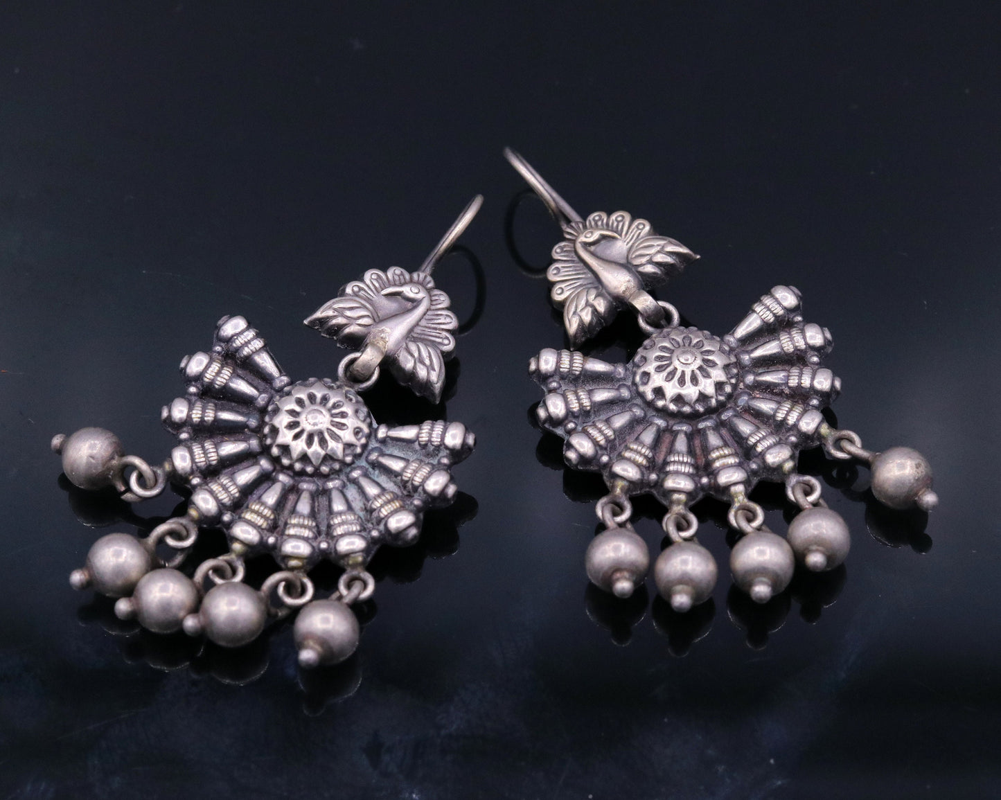 Vintage design 925 sterling silver handmade fabulous peacock hoops earrings with hanging bells tribal jewelry belly dance india s340 - TRIBAL ORNAMENTS