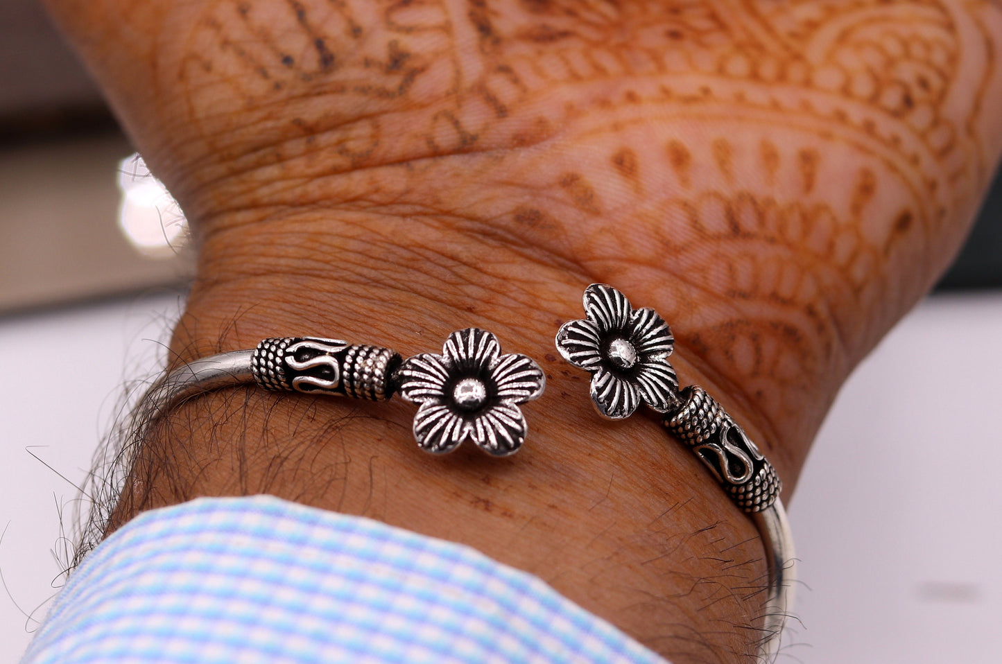 Excellent handmade flower shape design 925 sterling silver gorgeous bangle bracelet kada tribal gifting jewelry nsk154 - TRIBAL ORNAMENTS