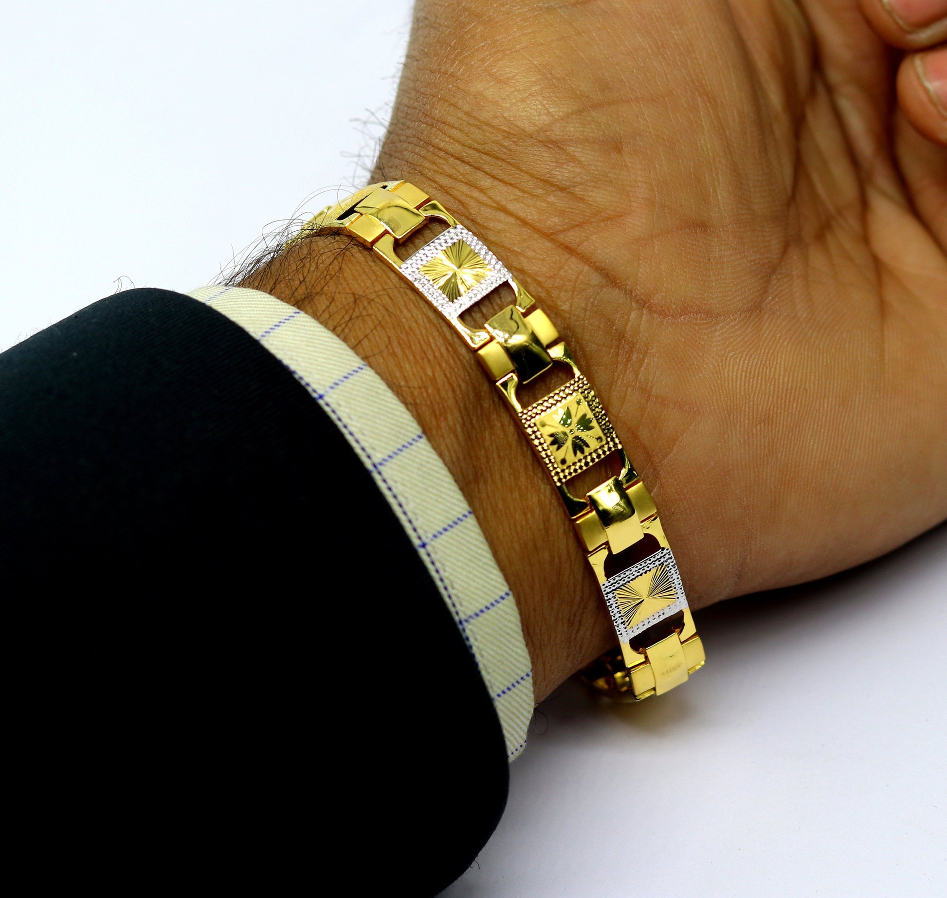 22kt yellow gold handmade stylish diamond cut design fabulous custom made bracelet, best gift for boys men, personalized gold jewelry br40 - TRIBAL ORNAMENTS