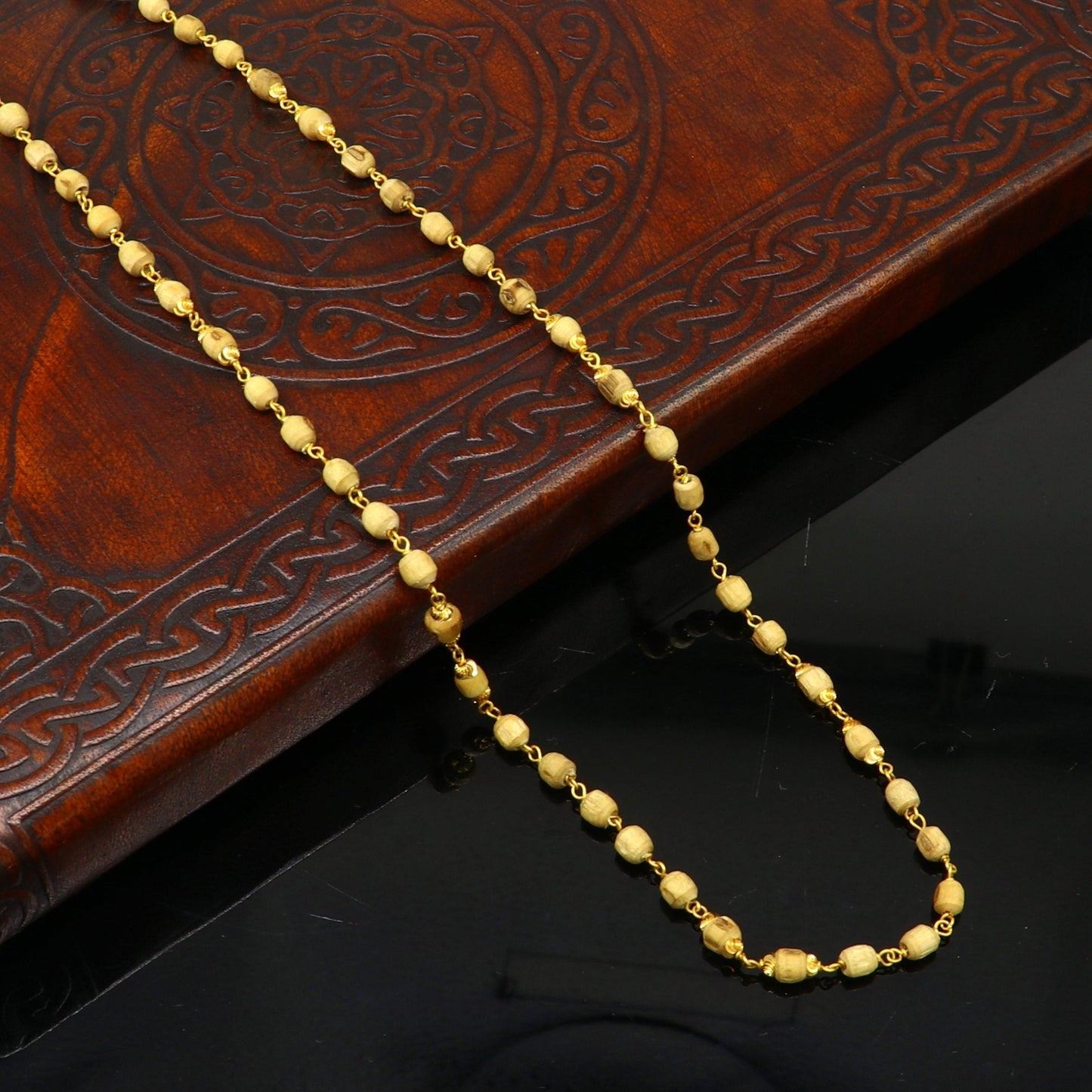 22kt yellow gold handmade customized basil rosary wooden beads chain necklace, gorgeous personalized tulsi chain, unisex stylish gifting - TRIBAL ORNAMENTS