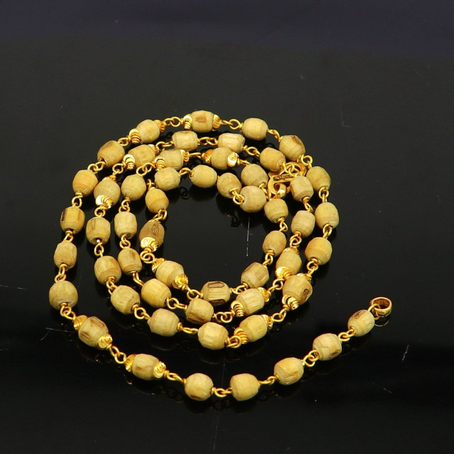 22kt yellow gold handmade customized basil rosary wooden beads chain necklace, gorgeous personalized tulsi chain, unisex stylish gifting - TRIBAL ORNAMENTS