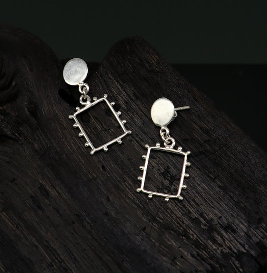 Square shape 925 sterling silver shiny drop dangle hoops earring, excellent brides collection, best gifting earrings from India ear692 - TRIBAL ORNAMENTS