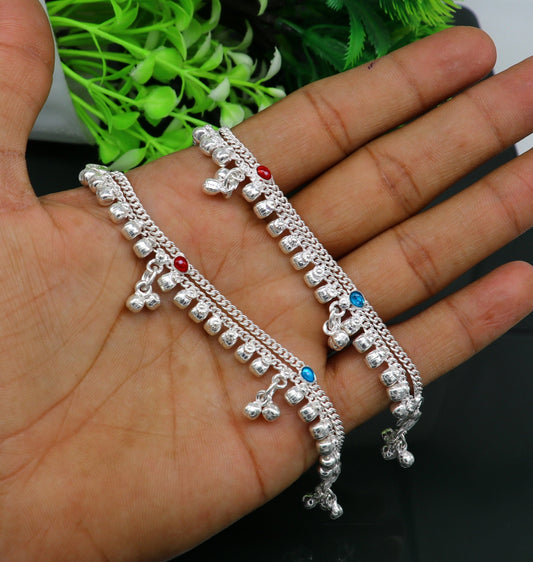 5" Vintage fancy style customized Sterling silver baby anklets, charm ankle bracelet, best kids gifting jewelry birthday gift India ank290 - TRIBAL ORNAMENTS