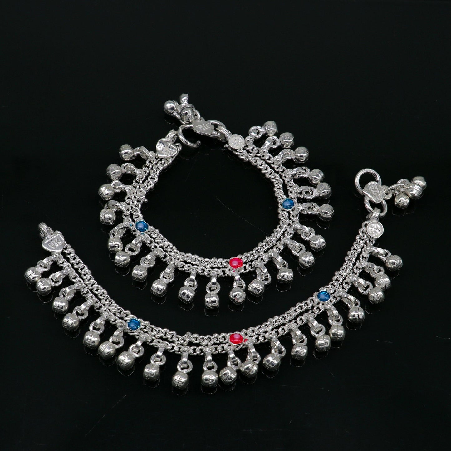 5.5" inches Sterling silver handmade double chain jingling ankle bracelet baby anklet noisy sound bells charm foot anklets jewelry ank302 - TRIBAL ORNAMENTS