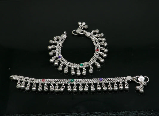 5.5" solid sterling silver handmade waved hanging drops anklets baby ankle bracelet, gifting noisy anklets kids jewelry from India ank313 - TRIBAL ORNAMENTS