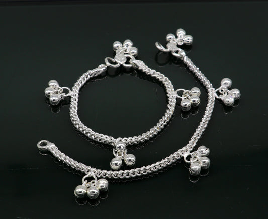6" sterling silver kids customized designer noisy bells anklets baby ankle bracelet, noisy charm anklets kids jewelry from India ank321 - TRIBAL ORNAMENTS