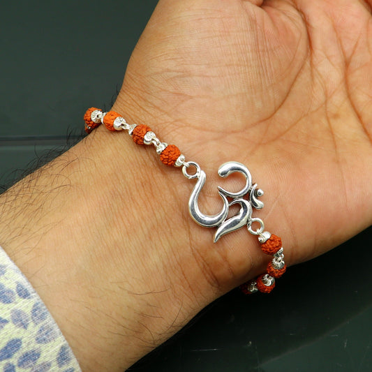 925 sterling silver handmade Mantra Aum OM design bracelet amazing Rudraksha or Tulsi beaded bracelet rk189
