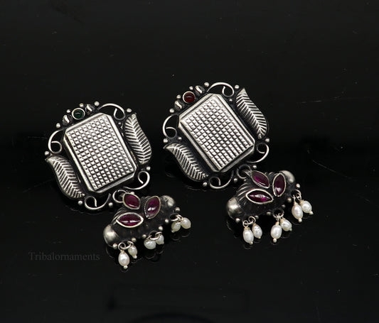 925 sterling silver handmade Amazing stunning hanging pearl stud earring, best gifting brides tribal belly dances earrings s936 - TRIBAL ORNAMENTS