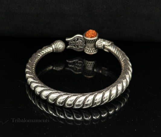 Custom 925 Sterling silver handmade chitai work Lord Shiva trident trishul bangle bracelet natural Rudraksha beads customized kada nssk472 - TRIBAL ORNAMENTS