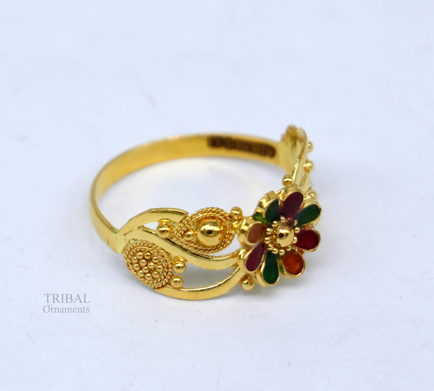 22kt karat yellow gold handmade flower design ring fabulous filigree work band unisex ring from Rajasthan India ring37 - TRIBAL ORNAMENTS