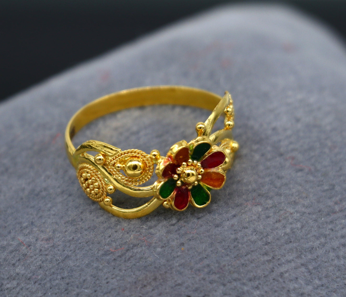 22kt karat yellow gold handmade flower design ring fabulous filigree work band unisex ring from Rajasthan India ring37 - TRIBAL ORNAMENTS