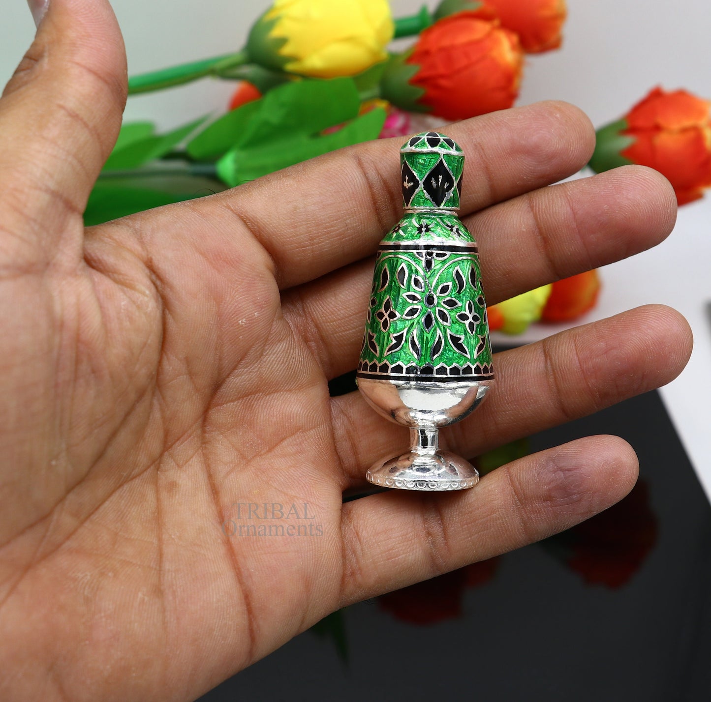 Vintage antique design 925 sterling silver sindoor box, kumkum box/ trinket box bridal enamel jewelry collection from Rajasthan india stb151 - TRIBAL ORNAMENTS