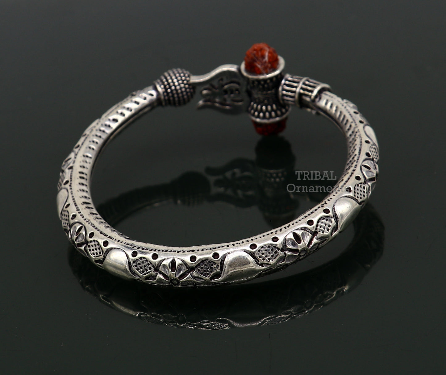 925 Sterling silver handmade chitai work Lord Shiva trident trishul kada bangle bracelet with natural Rudraksha customized kada nsk487 - TRIBAL ORNAMENTS