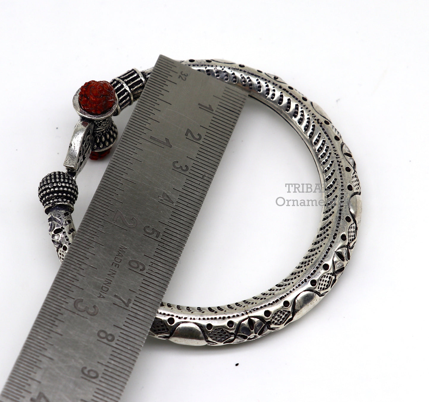 925 Sterling silver handmade chitai work Lord Shiva trident trishul kada bangle bracelet with natural Rudraksha customized kada nsk487 - TRIBAL ORNAMENTS