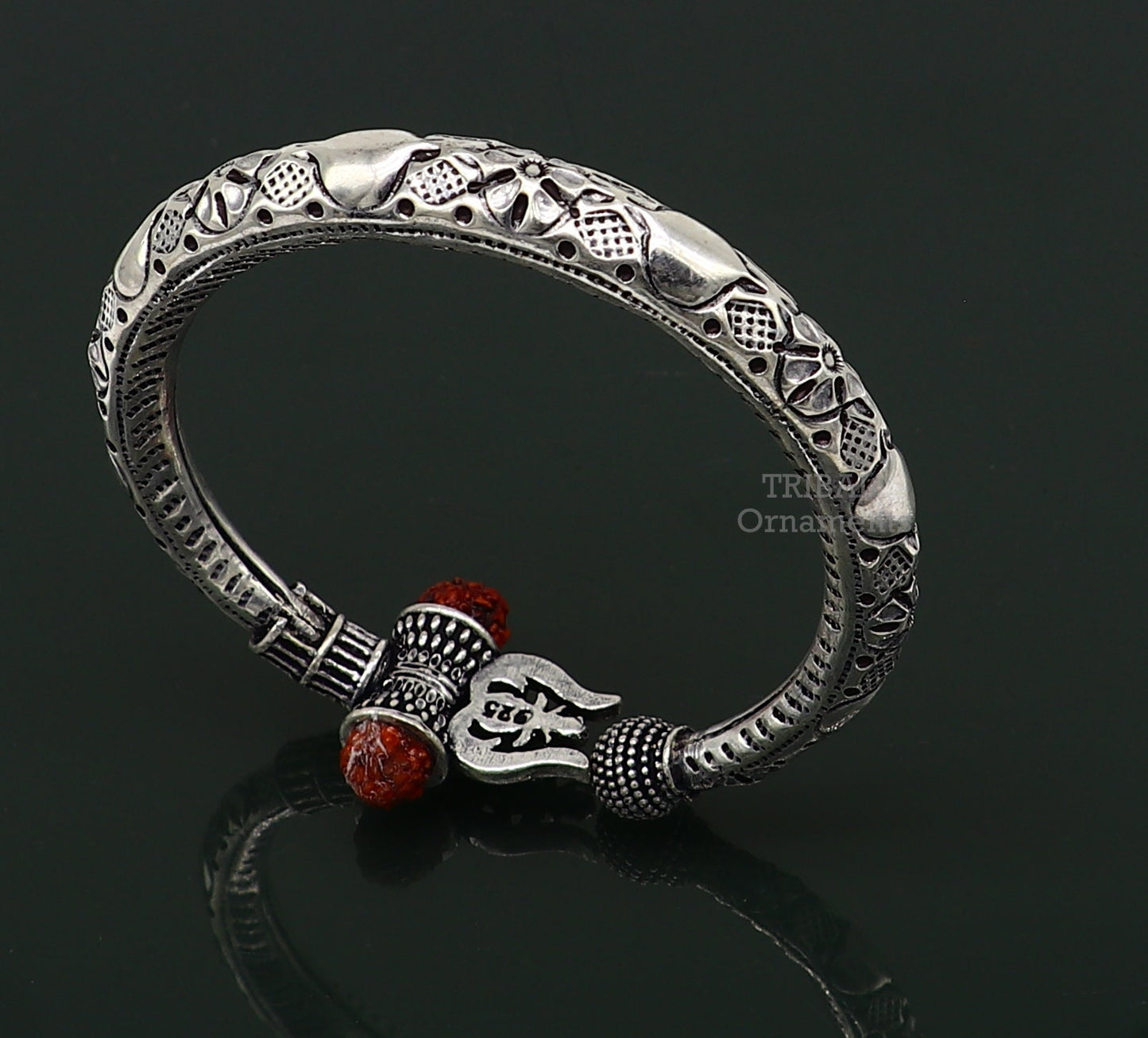 925 Sterling silver handmade chitai work Lord Shiva trident trishul kada bangle bracelet with natural Rudraksha customized kada nsk487 - TRIBAL ORNAMENTS