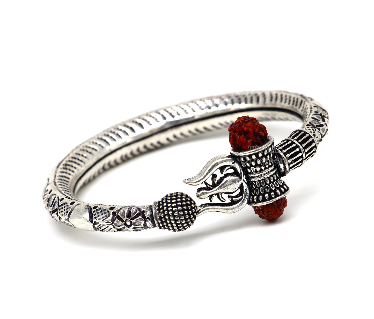 925 Sterling silver handmade chitai work Lord Shiva trident trishul kada bangle bracelet with natural Rudraksha customized kada nsk487 - TRIBAL ORNAMENTS