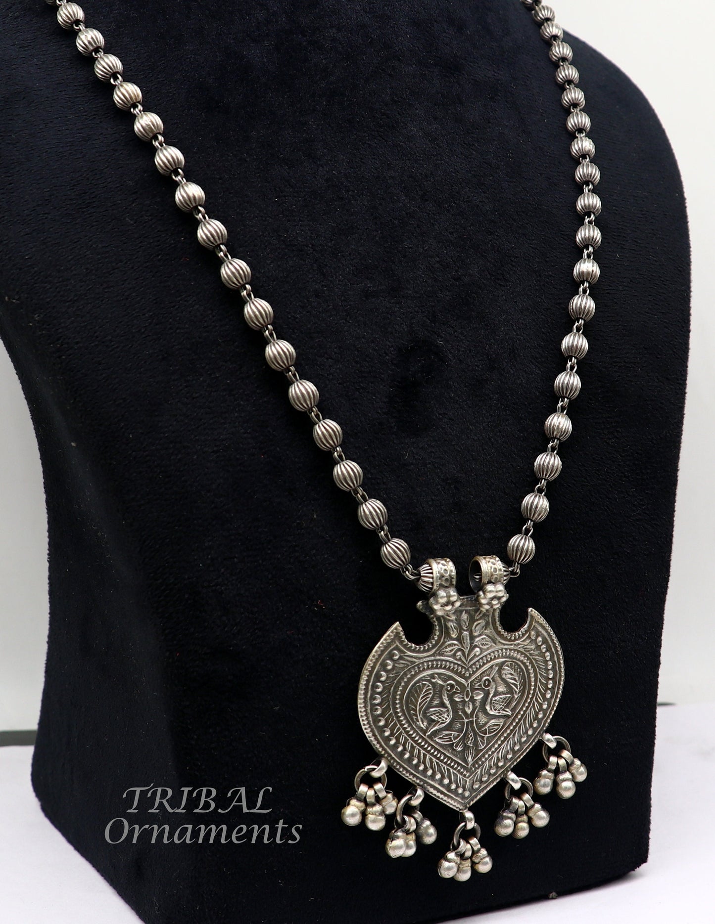 925 Sterling silver handmade vintage design pendant with beaded necklace hangings bells excellent tribal ethnic jewelry Rajasthan set518 - TRIBAL ORNAMENTS
